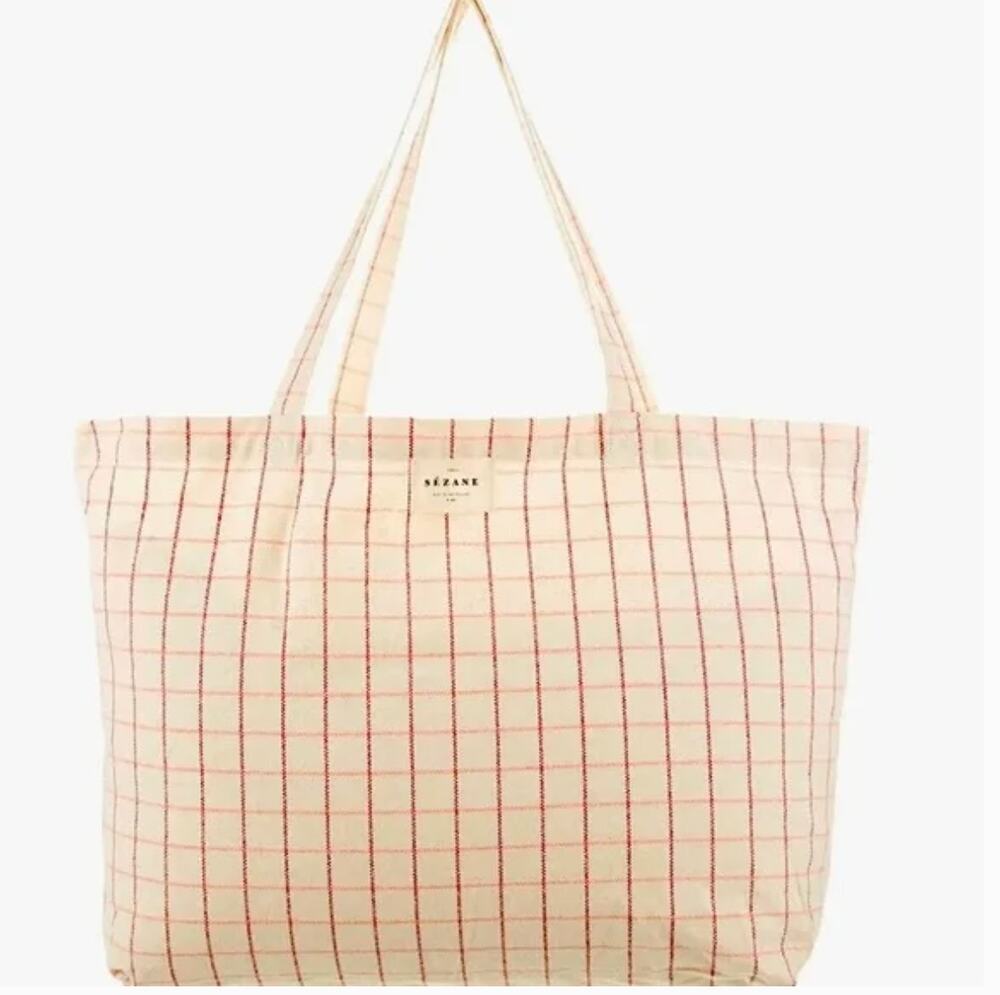 Sezane Cream Pink Maroon Plaid Tote Bag